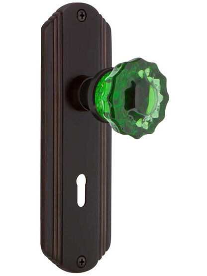 Streamline Deco Mortise Lock Set with Colored Fluted Crystal Glass Knobs Emerald in Timeless Bronze.